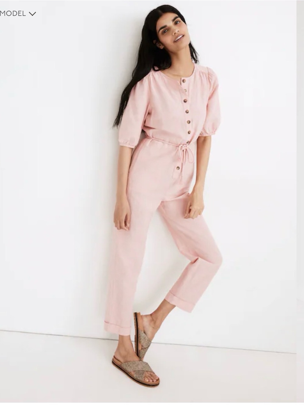 Madewell Linen-Blend Puff-Sleeve Tassel-Tie Jumpsuit
